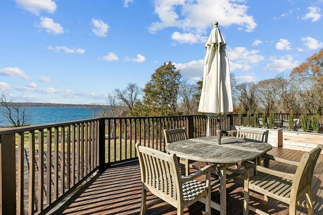 wooden terrace featuring a water view