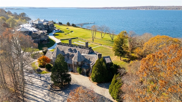 drone / aerial view with a water view