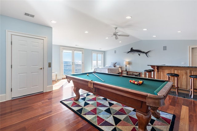 playroom with lofted ceiling, dark hardwood / wood-style flooring, ceiling fan, and billiards