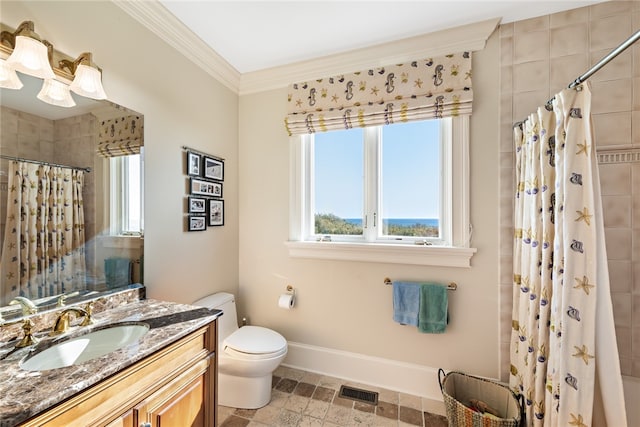 full bathroom featuring tile floors, toilet, ornamental molding, vanity, and shower / bathtub combination with curtain