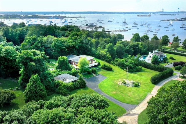 birds eye view of property featuring a water view