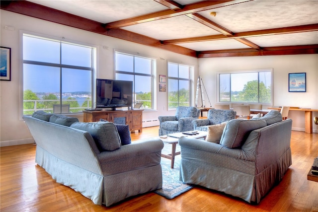 living room with beamed ceiling, hardwood / wood-style floors, a baseboard radiator, and coffered ceiling