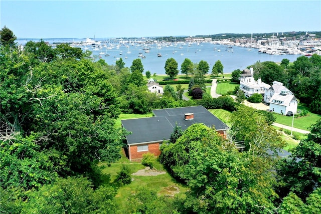 birds eye view of property with a water view