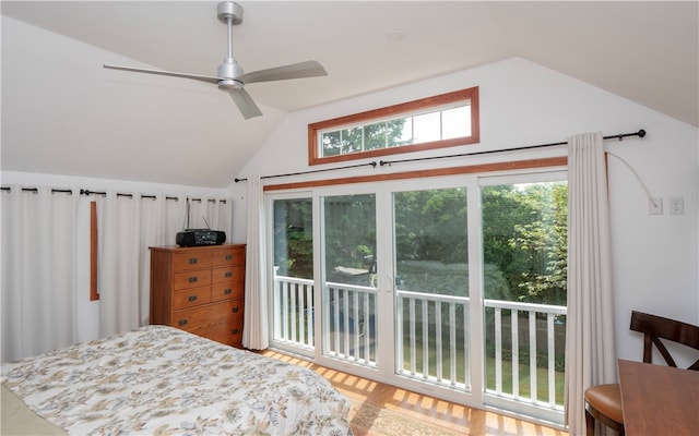 bedroom featuring access to exterior, ceiling fan, hardwood / wood-style floors, and lofted ceiling