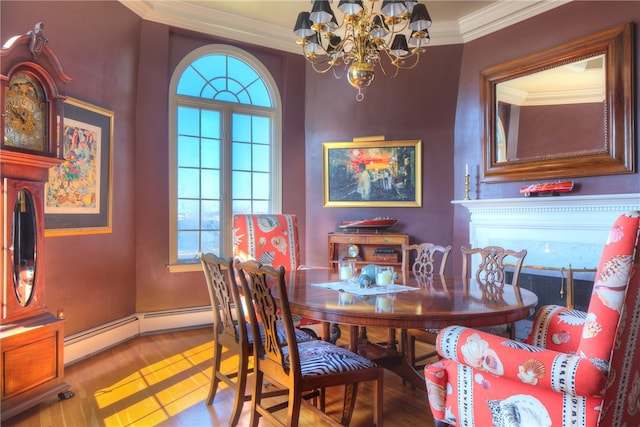 dining room with a baseboard heating unit, a notable chandelier, ornamental molding, and wood-type flooring