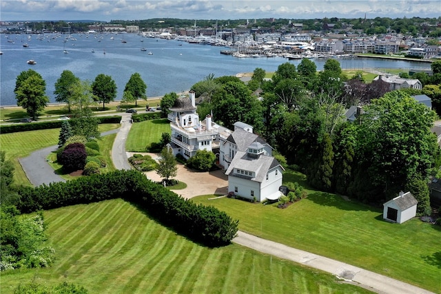 aerial view featuring a water view