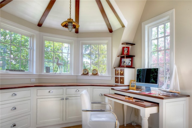 office featuring vaulted ceiling with beams