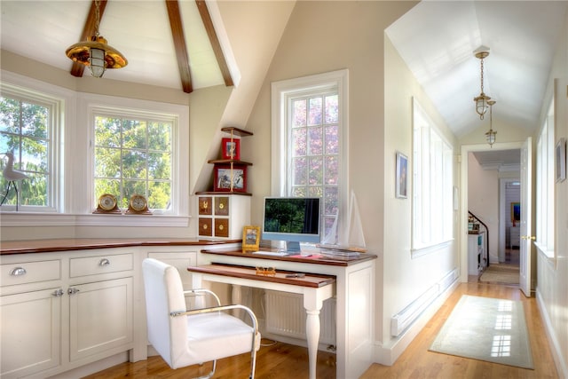 office featuring vaulted ceiling with beams and light hardwood / wood-style floors