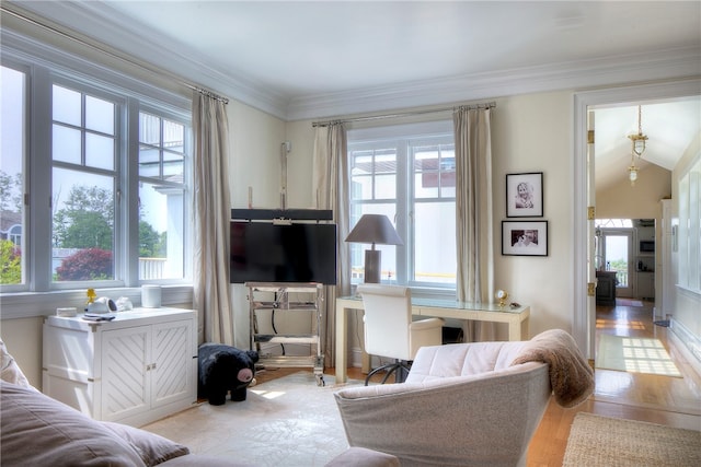 living room featuring plenty of natural light, ornamental molding, and light wood-type flooring