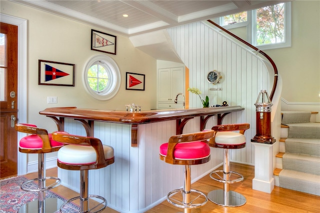 bar featuring ornamental molding and light hardwood / wood-style floors