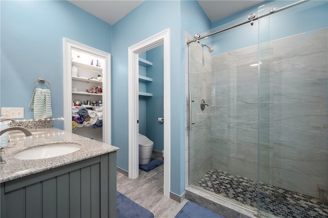 bathroom with vanity, hardwood / wood-style floors, a shower with shower door, and toilet