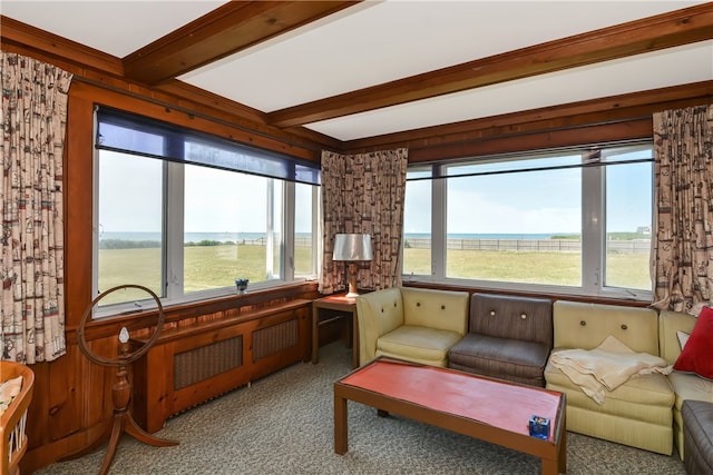 living room featuring beam ceiling and light carpet