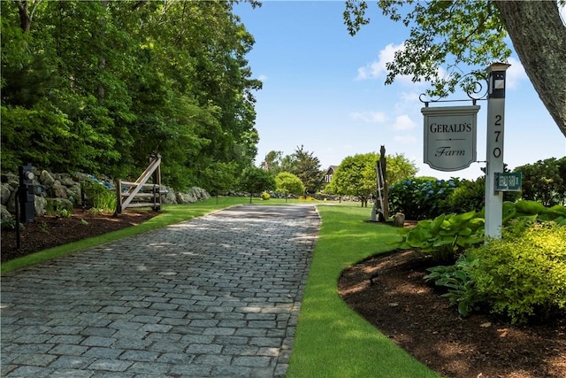 surrounding community featuring decorative driveway and a lawn