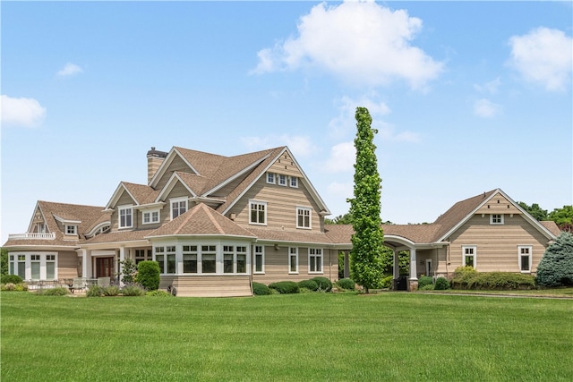 rear view of property featuring a lawn and a chimney