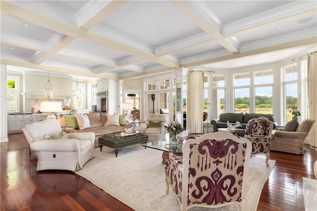 living area featuring dark wood finished floors, coffered ceiling, and beam ceiling