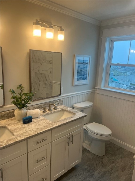 bathroom featuring crown molding, vanity, toilet, and wood-type flooring