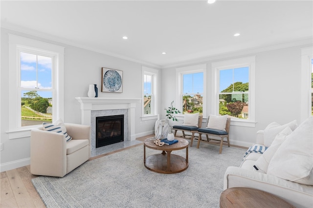 living room featuring a wealth of natural light, light hardwood / wood-style flooring, crown molding, and a fireplace