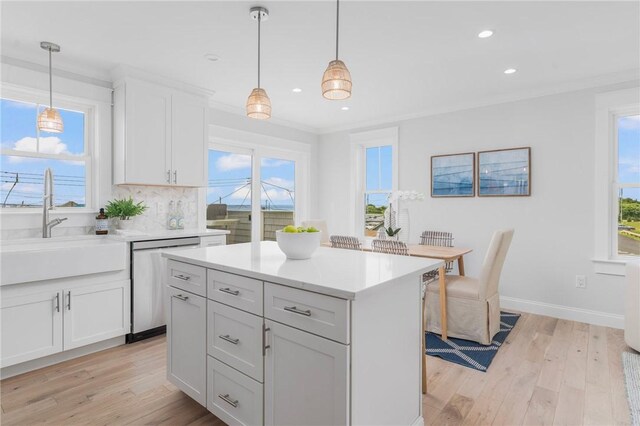 kitchen with plenty of natural light, dishwasher, and light hardwood / wood-style flooring