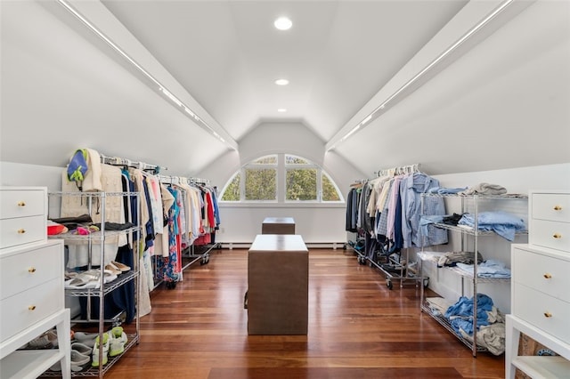 spacious closet with dark wood-type flooring, vaulted ceiling, and baseboard heating