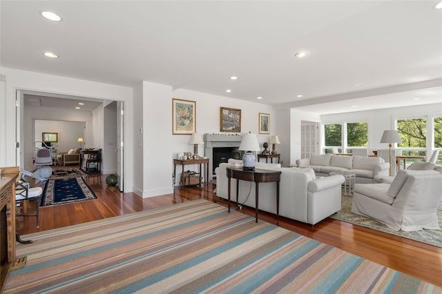 living room featuring dark wood-type flooring