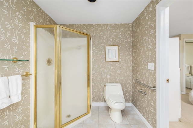 bathroom featuring toilet, walk in shower, and tile patterned flooring