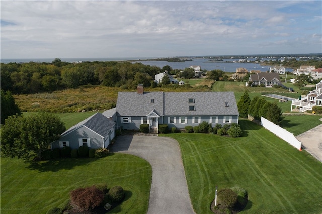 aerial view featuring a water view