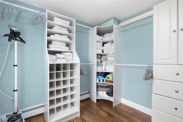 walk in closet featuring a baseboard radiator and dark wood-type flooring