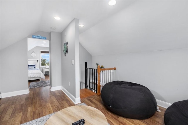 living area with lofted ceiling and wood-type flooring