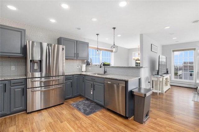 kitchen featuring gray cabinets, sink, pendant lighting, and appliances with stainless steel finishes