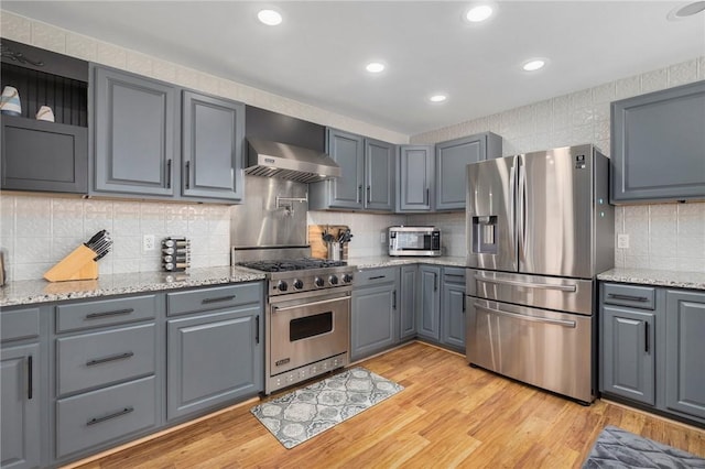 kitchen with decorative backsplash, light hardwood / wood-style floors, wall chimney range hood, and stainless steel appliances