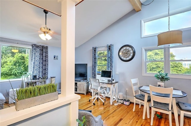 office space with hardwood / wood-style flooring, a baseboard radiator, ceiling fan, and vaulted ceiling with beams