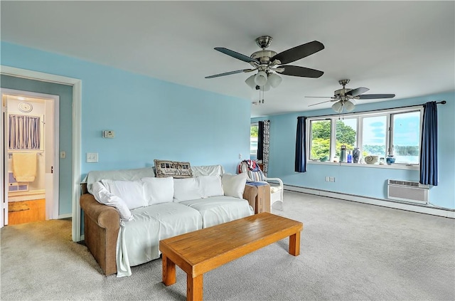 carpeted living room with baseboard heating and ceiling fan