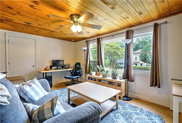 interior space featuring light hardwood / wood-style floors, wood ceiling, and ceiling fan