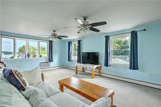 carpeted living room featuring ceiling fan, a wealth of natural light, and a wall unit AC