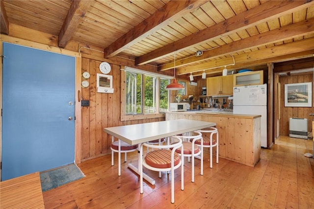 681 Corn Neck Rd, Block Island, RI 02807 - dining room featuring a wooden ceiling with exposed beams, light wood-style floors, and wooden walls