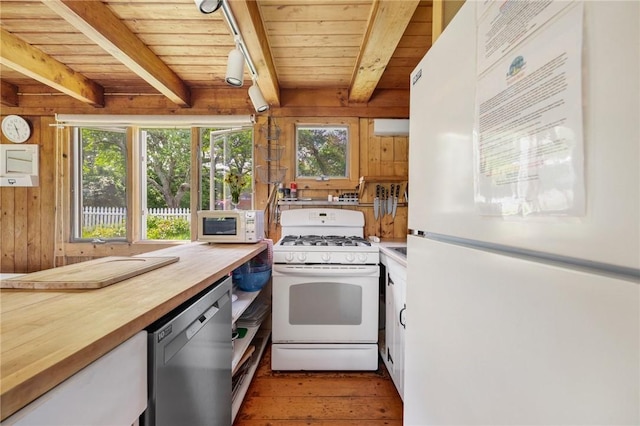 681 Corn Neck Rd, Block Island, RI 02807 - kitchen featuring white appliances, butcher block countertops, a wooden ceiling with exposed beams, plenty of natural light, and hardwood / wood-style floors