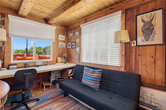 681 Corn Neck Rd, Block Island, RI 02807 - home office with a wood ceiling with exposed beams, wooden walls, and built in desk