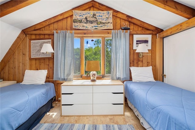 681 Corn Neck Rd, Block Island, RI 02807 - bedroom featuring lofted ceiling and wooden walls
