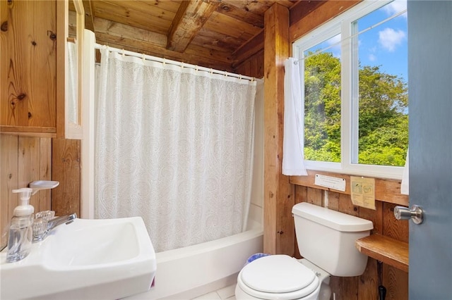 681 Corn Neck Rd, Block Island, RI 02807 - bathroom featuring wood ceiling, wooden walls, and shower / tub combo with curtain