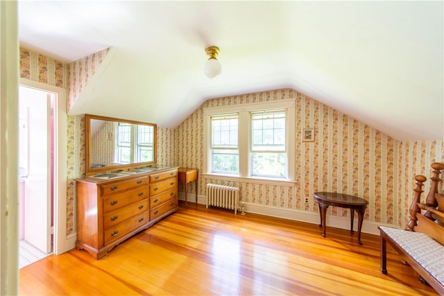 additional living space featuring vaulted ceiling, light hardwood / wood-style flooring, and radiator heating unit