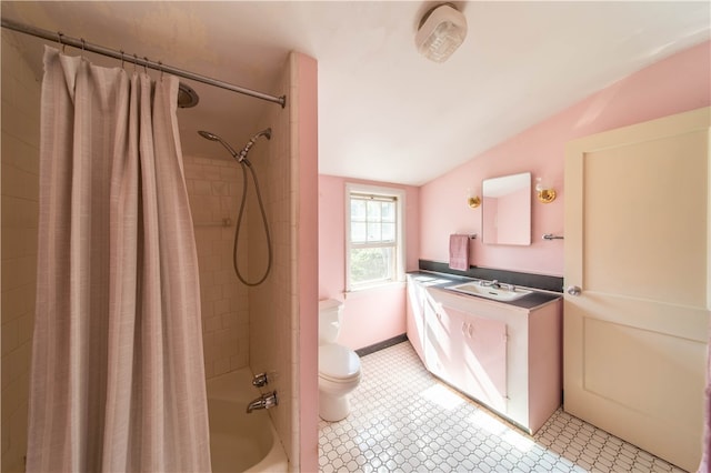 full bathroom with tile patterned flooring, toilet, vanity, shower / tub combo, and vaulted ceiling