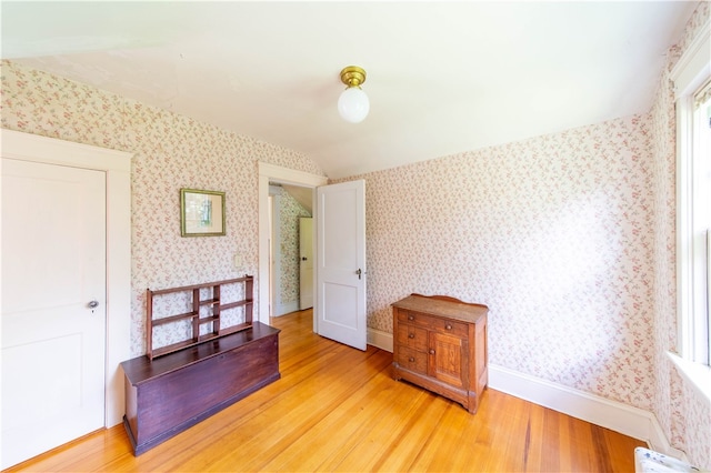 bedroom featuring vaulted ceiling and light wood-type flooring