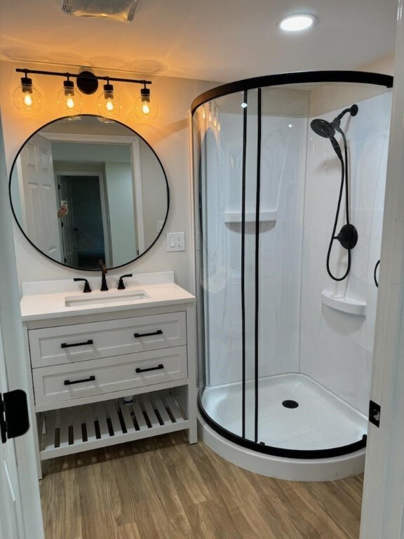 bathroom featuring vanity, wood-type flooring, and a shower with shower door