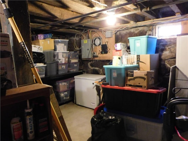 basement featuring fridge and electric panel