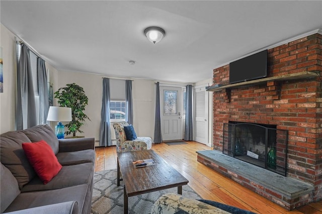 living room featuring light hardwood / wood-style flooring and a fireplace