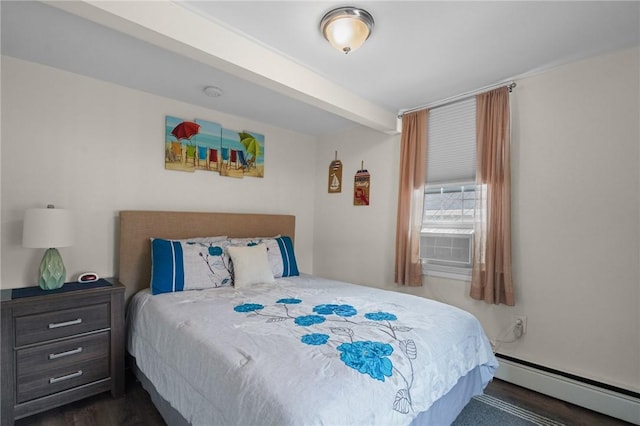 bedroom featuring cooling unit, a baseboard heating unit, and dark wood-type flooring