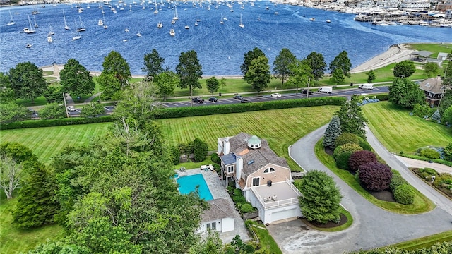 birds eye view of property featuring a water view