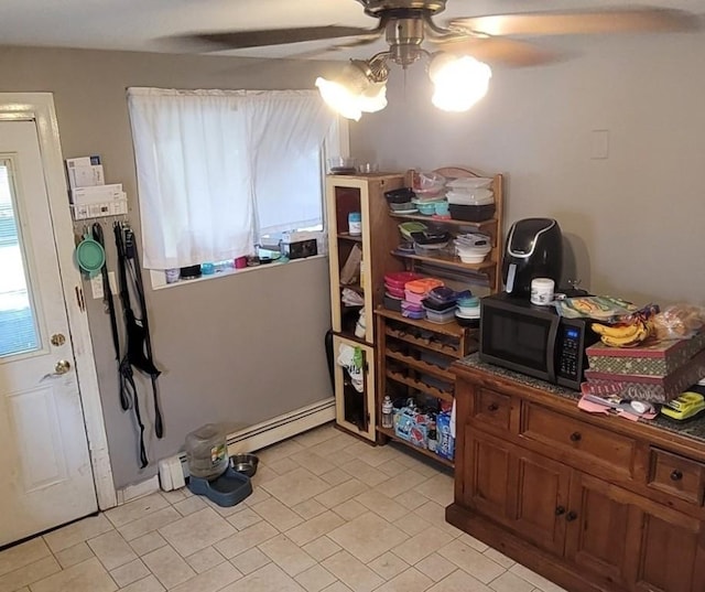 interior space with a baseboard radiator and ceiling fan