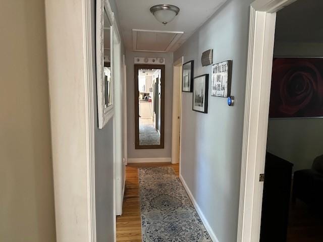 corridor featuring light wood-style flooring, baseboards, and attic access