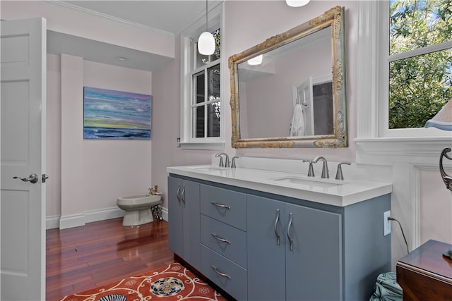 bathroom with ornamental molding, hardwood / wood-style floors, a bidet, and vanity